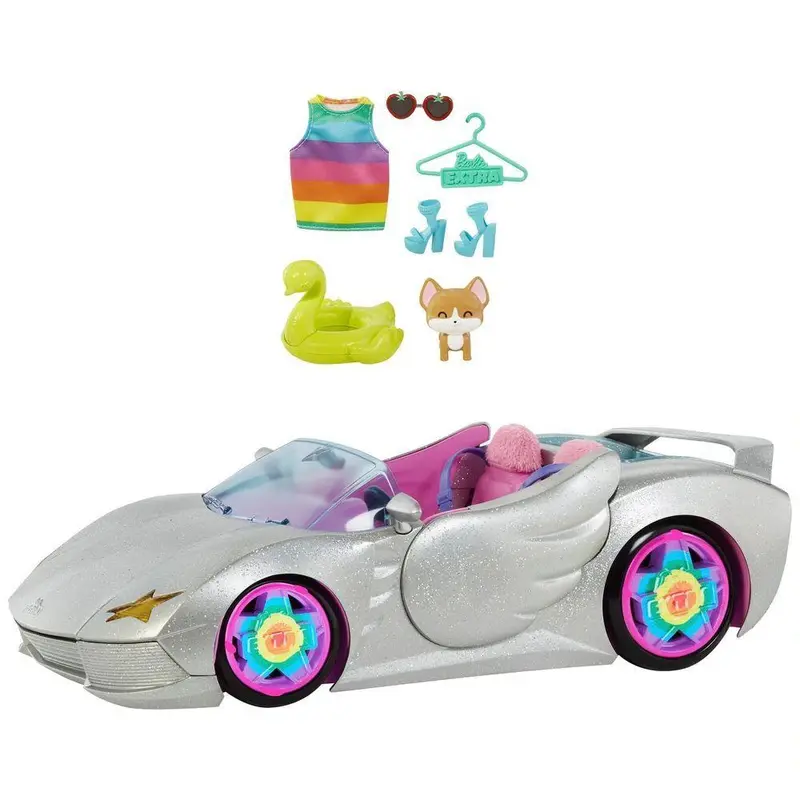 Barbie Extra Silver Ride-On Car With Playful Puppy And Bonus Accessories 1