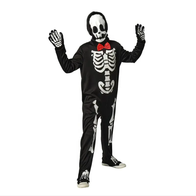 Glow-In-The-Dark Skeleton Costume With Red Bow – Small 1
