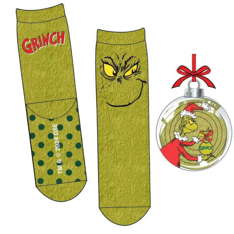 Grinch-Themed Christmas Ornament & Non-Slip Holiday Sock Set 1