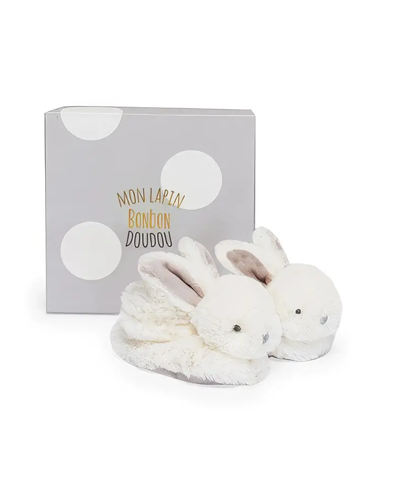 Taupe Rabbit Slippers With Rattle – Newborn Gift Box By Doudou Et Compagnie 1