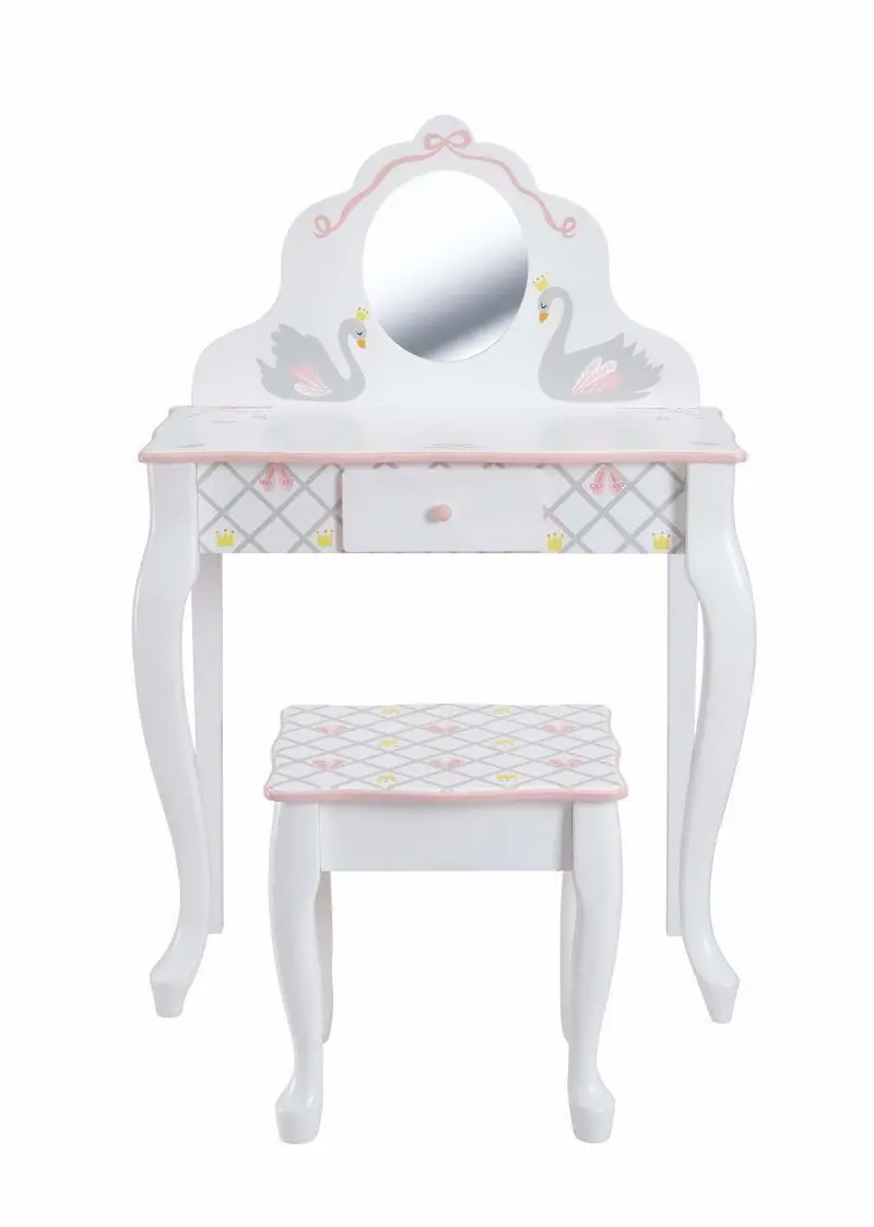 Teamson Swan Lake Vanity Set – Elegant Wooden Table & Matching Stool 1